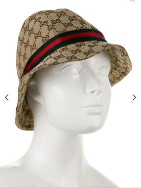 Gucci Beige/Brown GG Monogram Canvas Bucket Hat w/ Green, Red Web Stripe Fedora